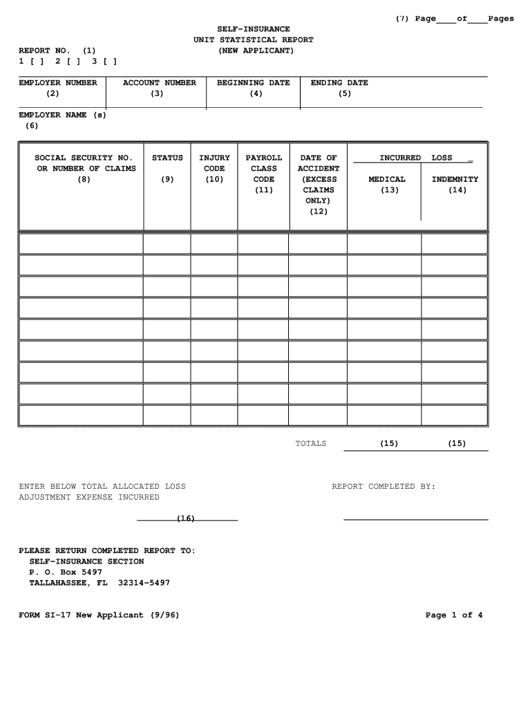 7 Page of Pages SELF INSURANCE UNIT STATISTICAL REPORT  Form