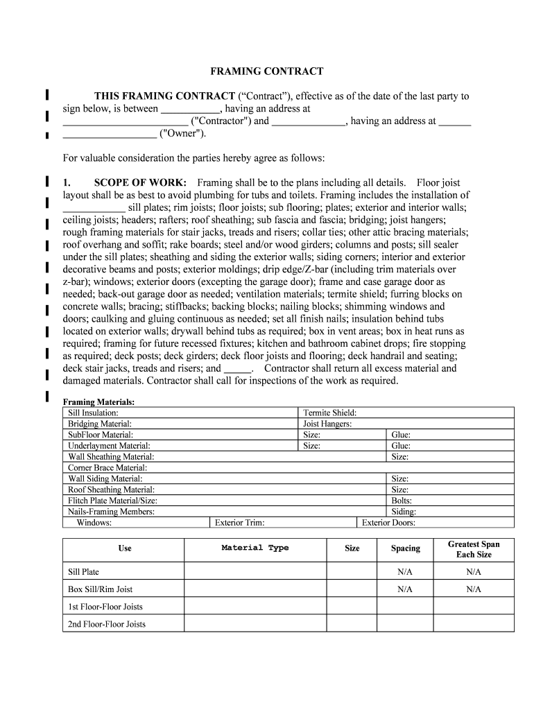 THIS FRAMING CONTRACT Contract, Effective as of the Date of the Last Party to  Form