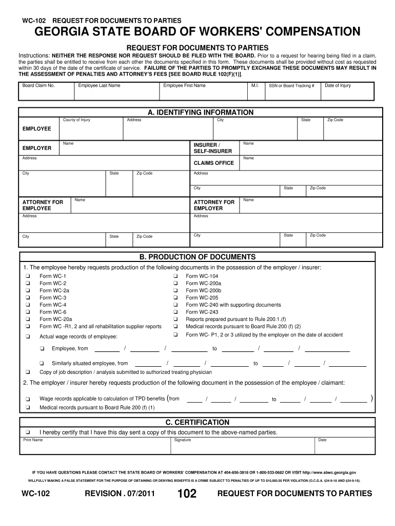 Form WC 102 Request for Documents to Parties Georgia