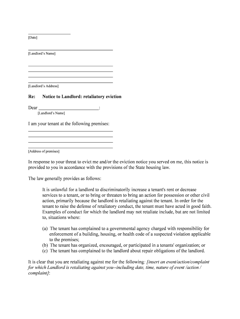 For Which Landlord is Retaliating Against You Including Date, Time, Nature of Event Action  Form