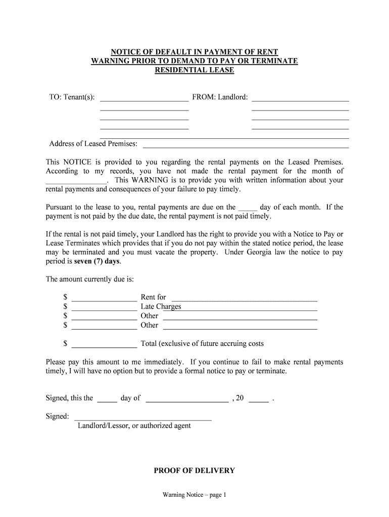 NOTICE of DEFAULT in PAYMENT of RENT WARNING PRIOR to DEMAND  Form