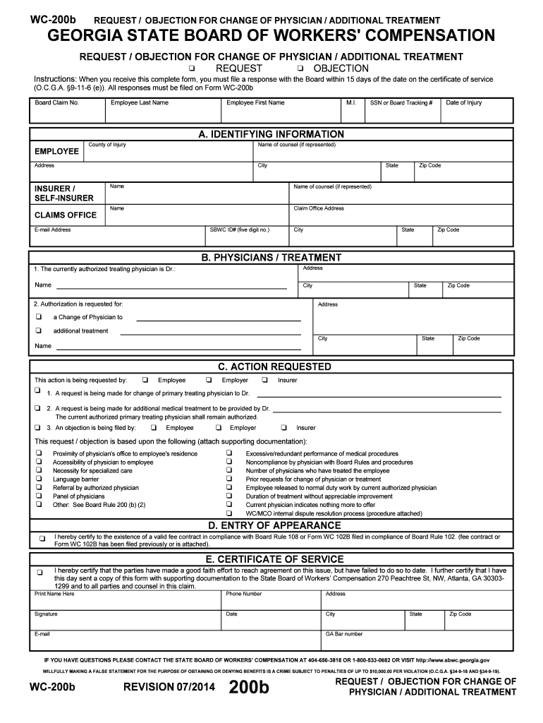 Wc 200b Fillable Online REQUEST OBJECTION for CHANGE  Form