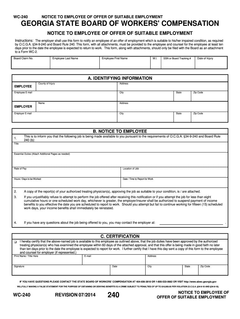 Notice to Employee of Offer of Suitable Employment WC 240  Form