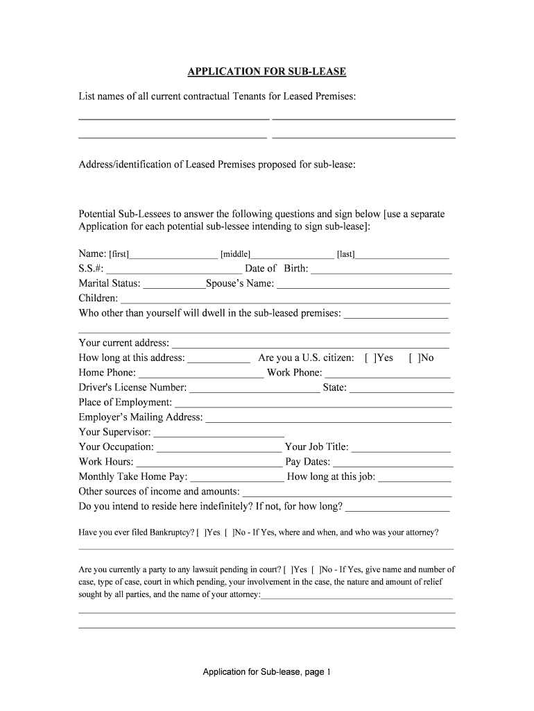 Application for Each Potential Sub Lessee Intending to Sign Sub Lease  Form