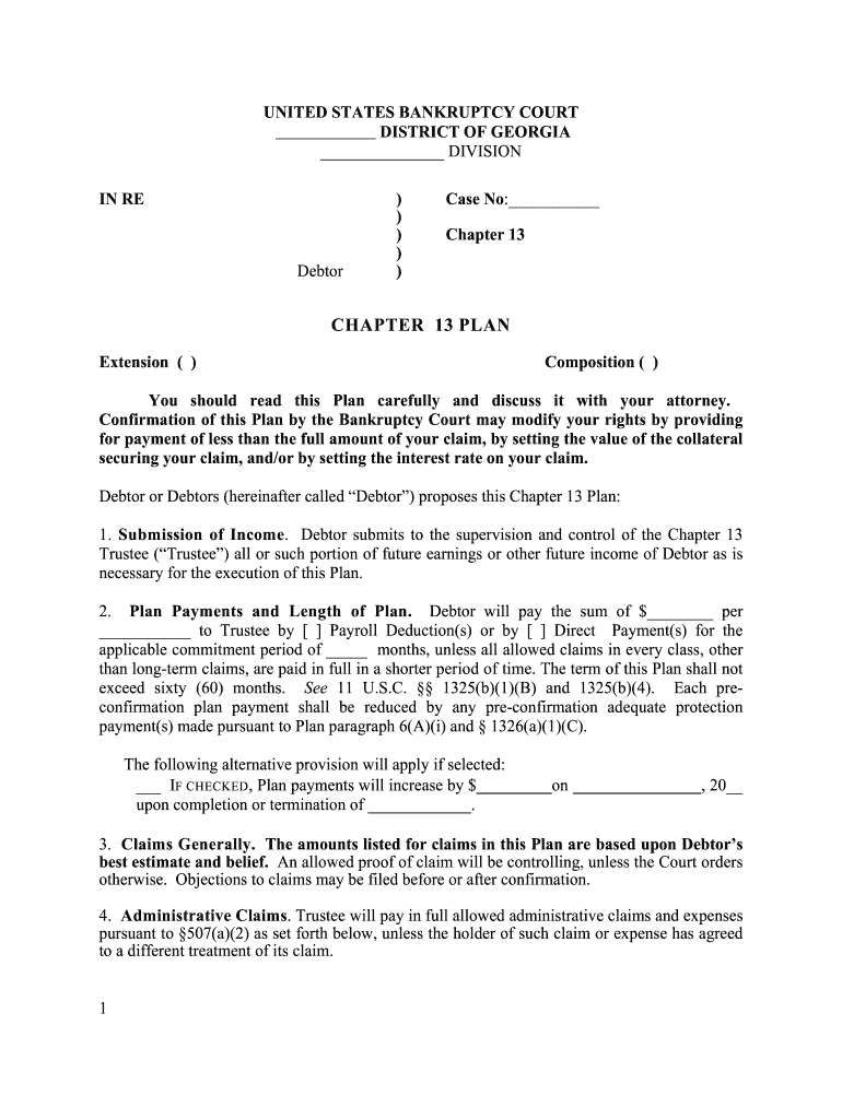 Chapter 13 Plan United States Bankruptcy Court for the  Form