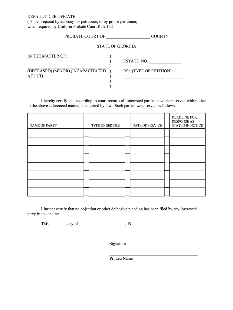 Justia Default Certificate Georgia Probate Court  Form