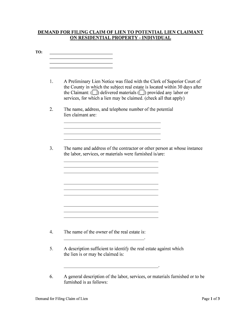 DEMAND for FILING CLAIM of LIEN to POTENTIAL LIEN CLAIMANT  Form