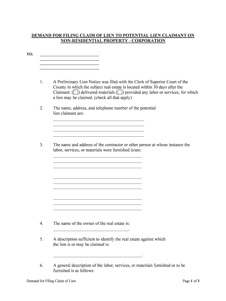 DEMAND for FILING CLAIM of LIEN to POTENTIAL LIEN CLAIMANT on NON RESIDENTIAL PROPERTY  Form