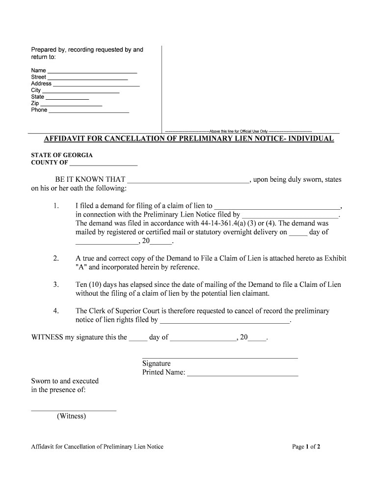 AFFIDAVIT for CANCELLATION of PRELIMINARY LIEN NOTICE INDIVIDUAL  Form