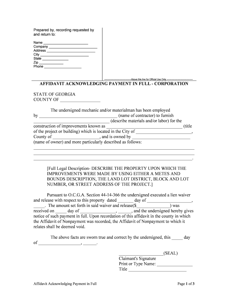 AFFIDAVIT ACKNOWLEDGING PAYMENT in FULL CORPORATION  Form