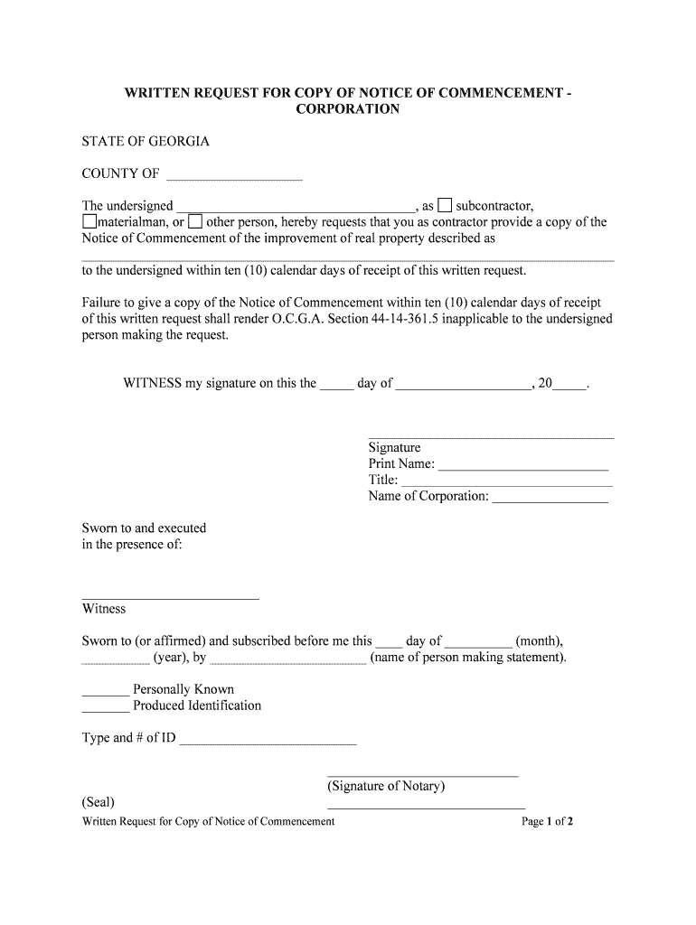 WRITTEN REQUEST for COPY of NOTICE of COMMENCEMENT CORPORATION  Form
