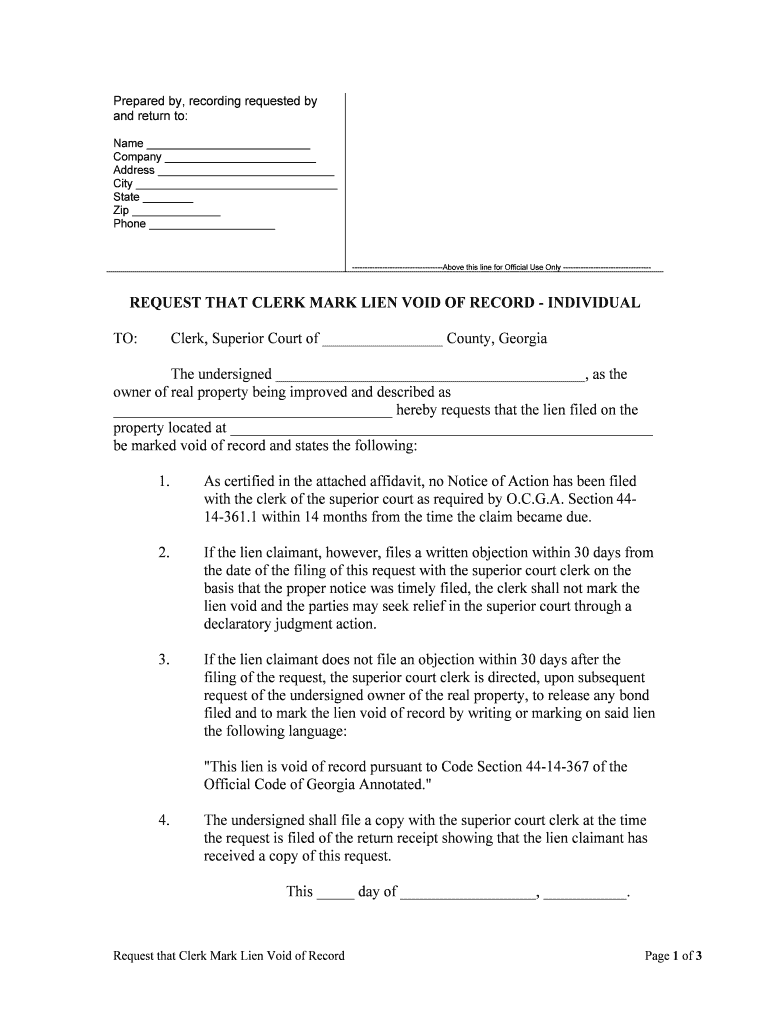 REQUEST that CLERK MARK LIEN VOID of RECORD INDIVIDUAL  Form