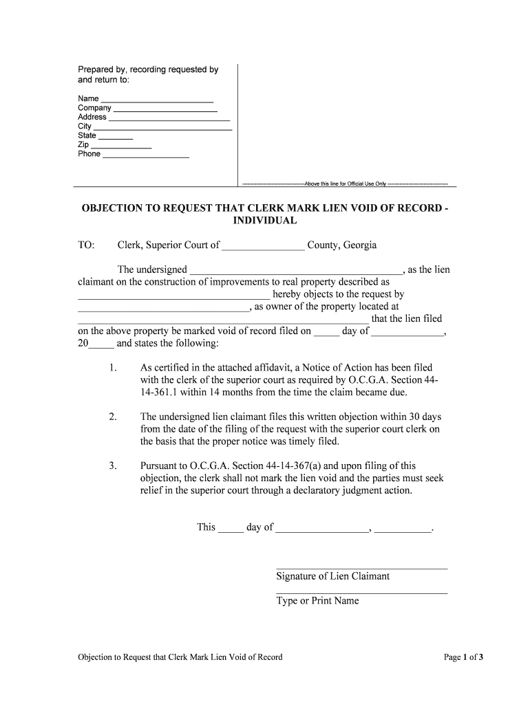 OBJECTION to REQUEST that CLERK MARK LIEN VOID of RECORD INDIVIDUAL  Form
