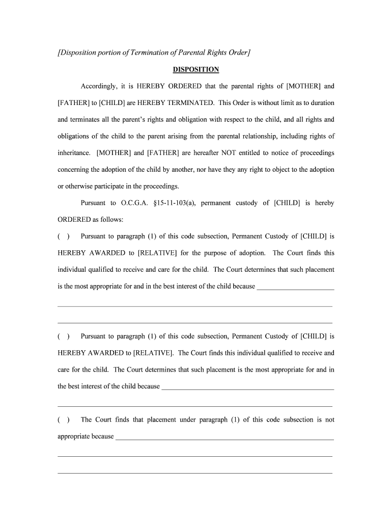 Disposition Portion of Termination of Parental Rights Order  Form