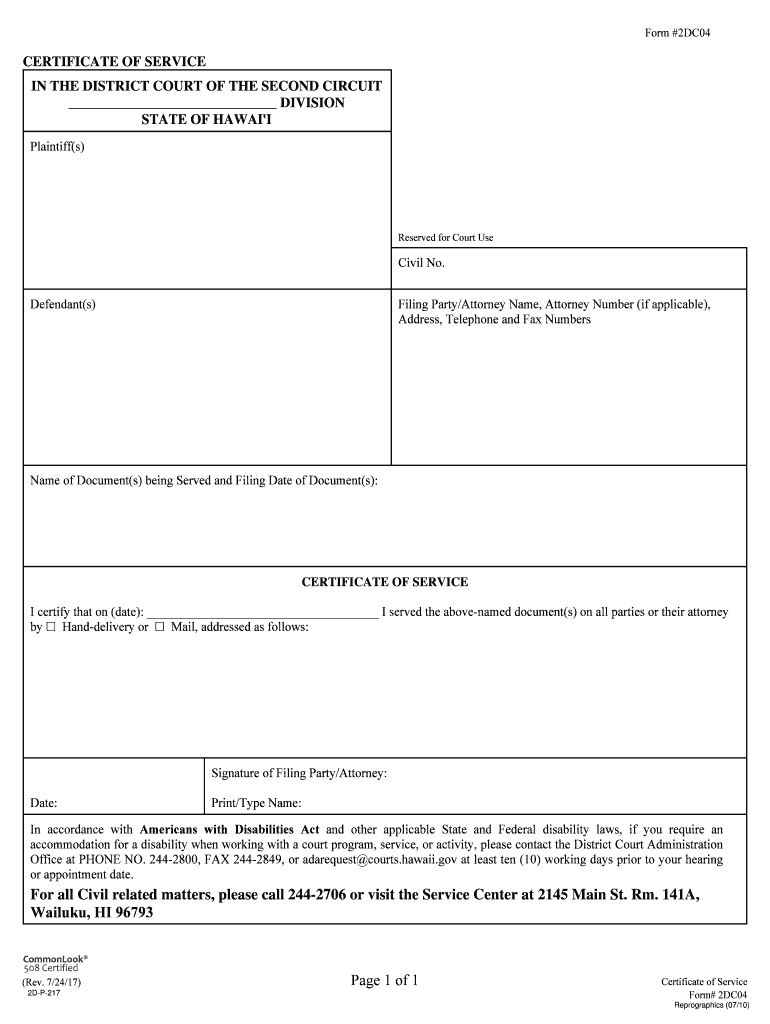 CERTIFICATE of SERVICE in the DISTRICT COURT of the FIRST  Form