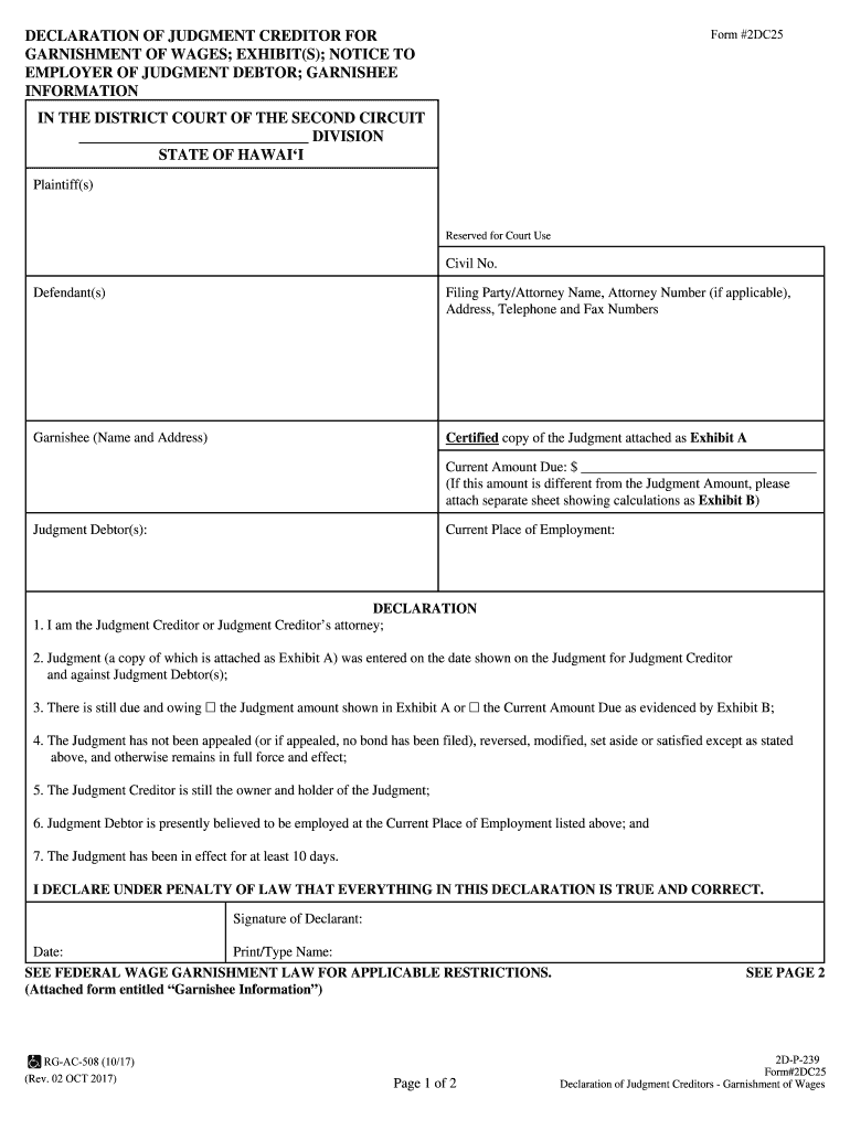 Declaration of Judgment Creditor for Garnishment of Wages  Form