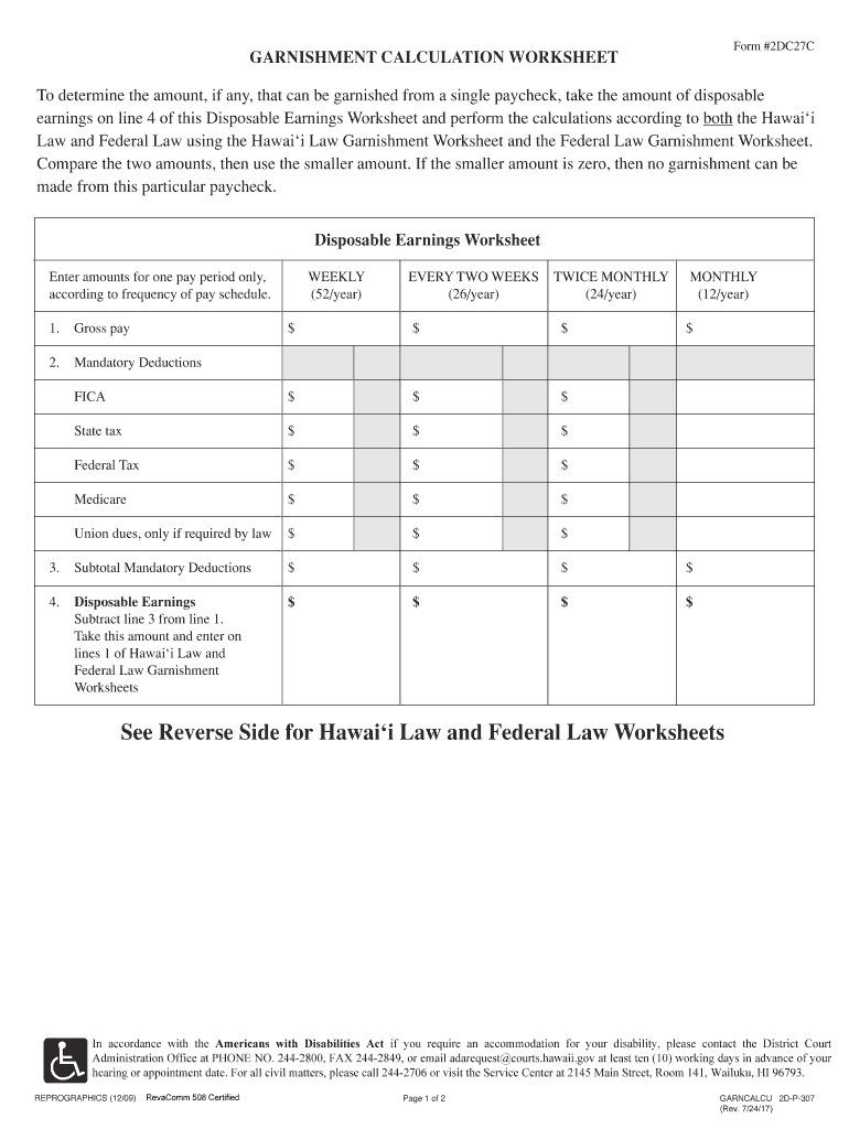 Garnishment Calculation Worksheet Hawaii State Judiciary  Form