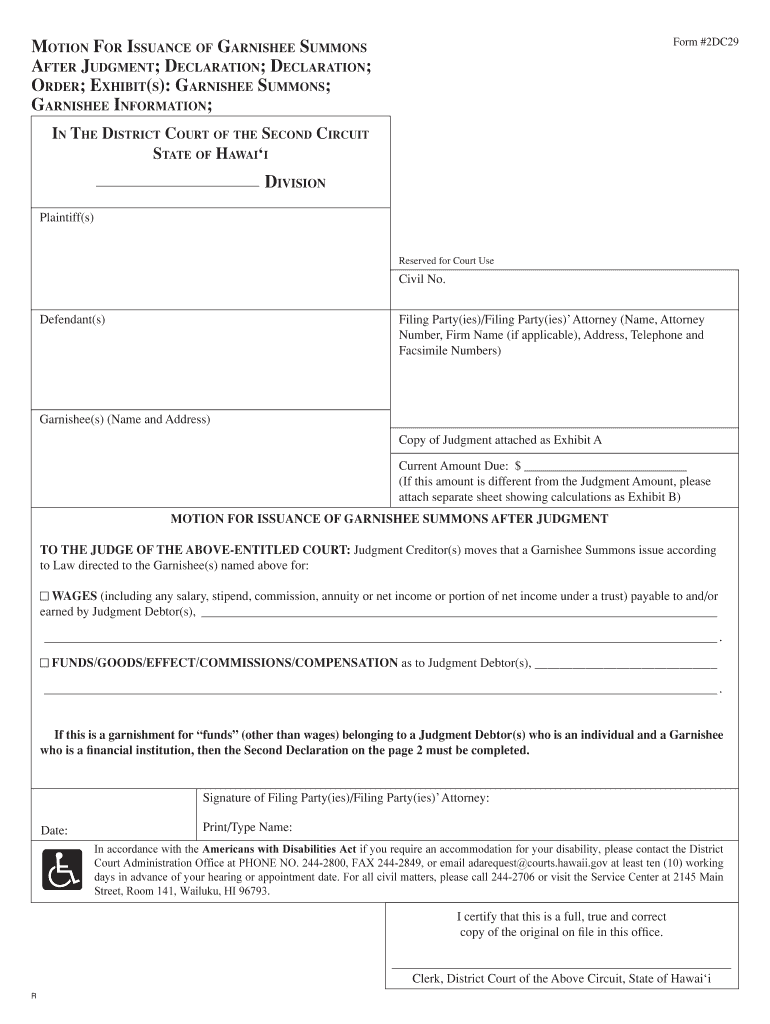 Garnishees Hawaii State Judiciary  Form