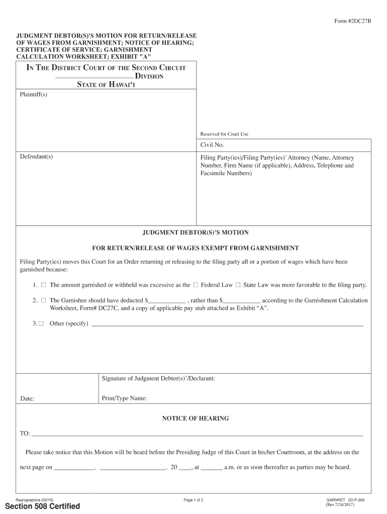 Judgment Debtors Motion Return or Release of Wages Exempt  Form