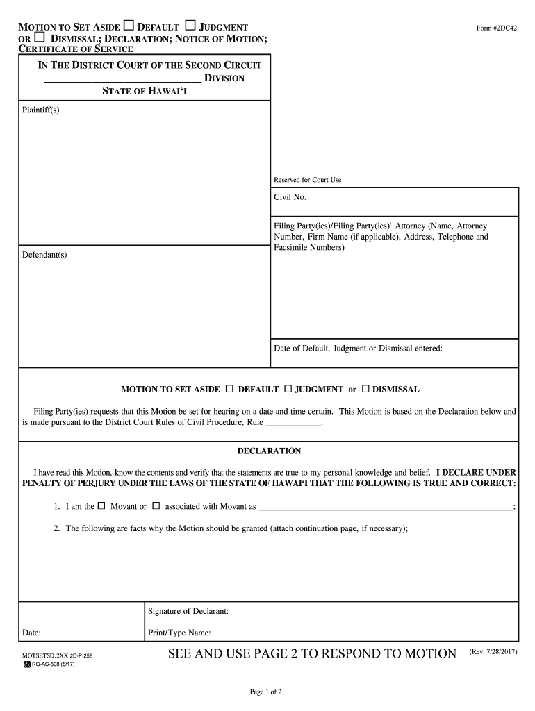 Motion to Set Aside Default, Judgment or Dismissal; Declaration; Notice of Motion; Certificate of Service  Form