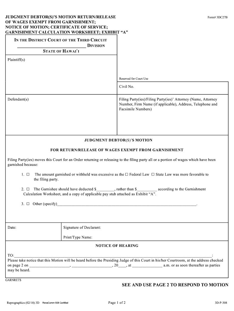 Judgment Debtors's Motion ReturnRelease of Wages  Form