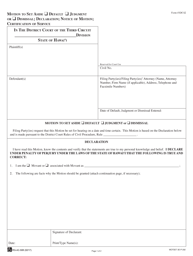 Motion to Set Aside Declaration 3DC42 Forms Workflow