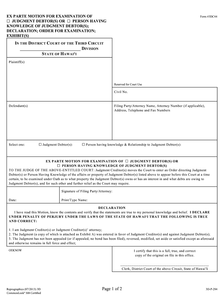 Ex Parte Motion for Examination of Judgment Debors or  Form