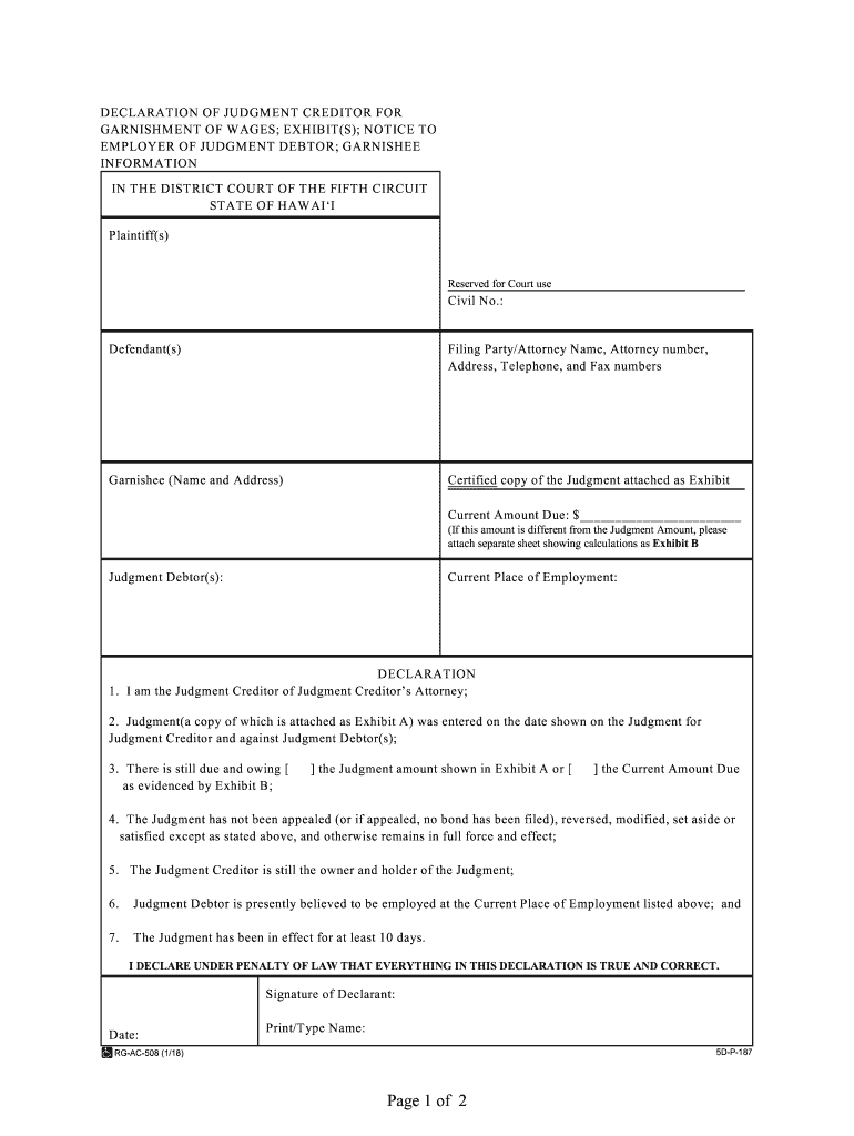 AFFIDAVIT for ORDER of WAGE GARNISHMENT Judgment Debtor Date  Form