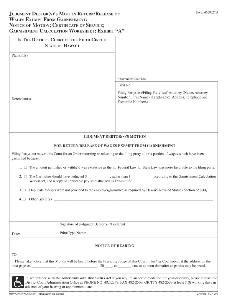 JUDGMENT DEBTORSS MOTION RETURNRELEASE of  Form