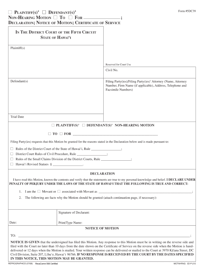 Plaintiff or Defendant's Non Hearing Motion  Form