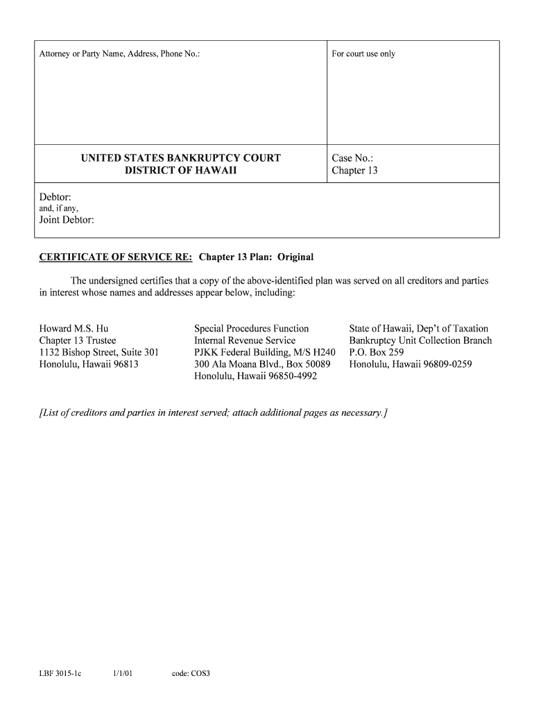 CERTIFICATE of SERVICE RE Chapter 13 Plan Original  Form