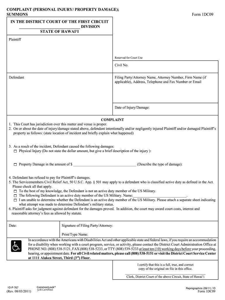 COMPLAINT PERSONAL INJURY Form #3DC09 PROPERTY DAMAGES