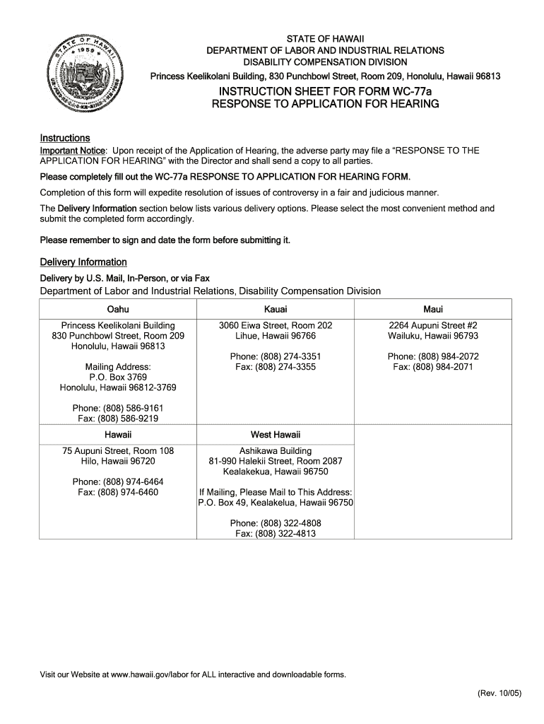 WC 77 Application for Hearing Hawaii Department of Labor  Form