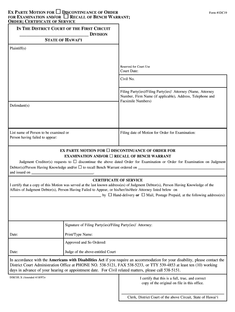 Ex Parte Motion for Discontinuance of Order for Examination  Form