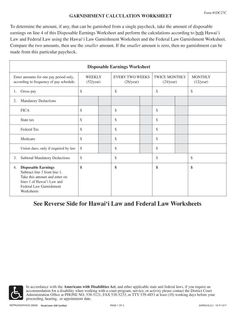 Garnishment Calculation Worksheet Judiciary  Form