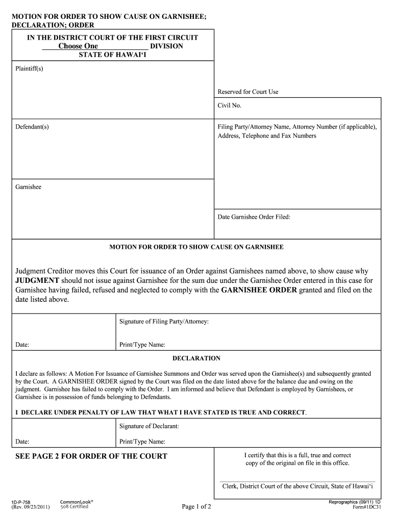 Hawaii Motion for Order to Show Cause on Garnishee  Form