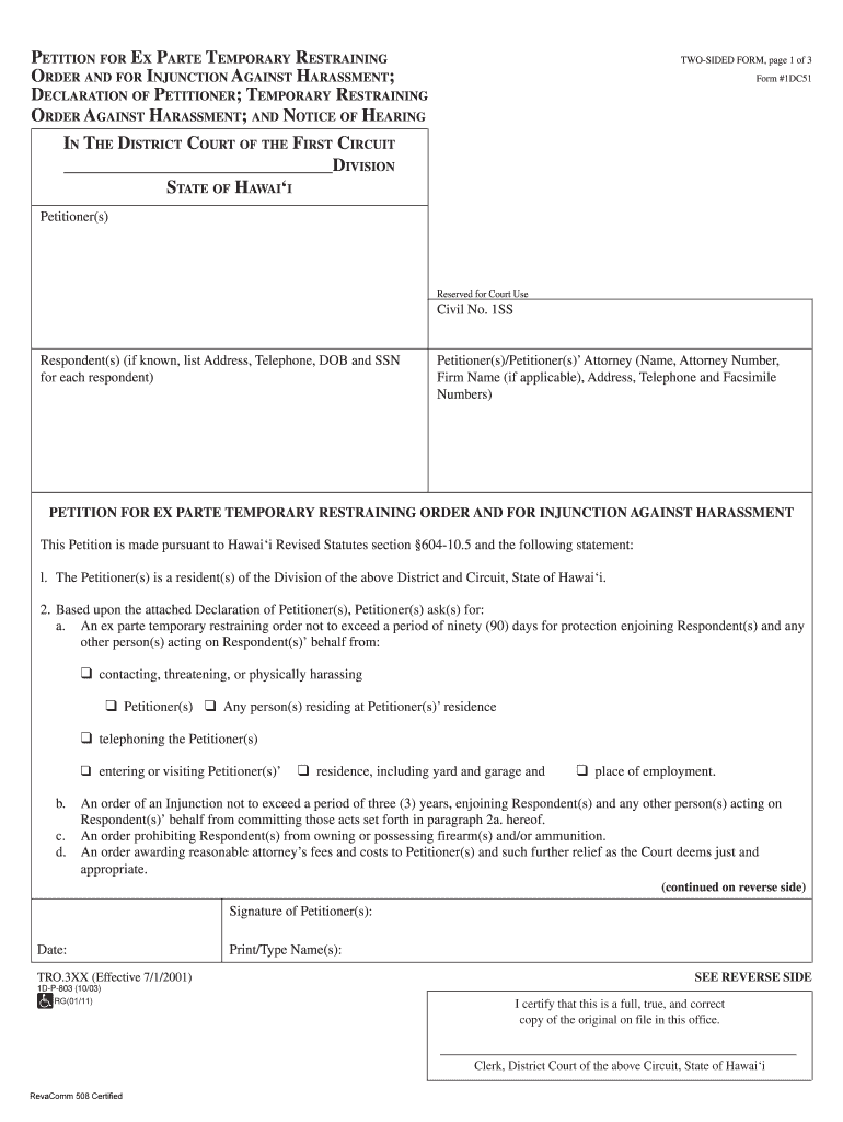 ORDER and for INJUNCTION AGAINST HARASSMENT;  Form