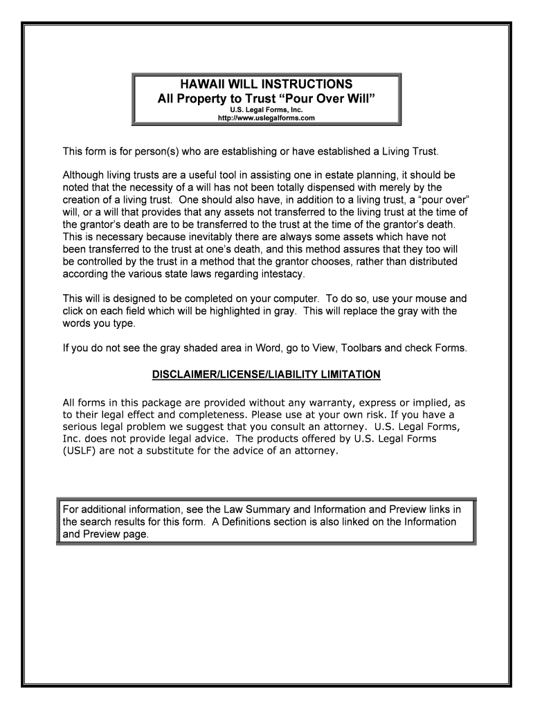 Hawaii Living Trust Create a Living Trust in Hawaii State  Form