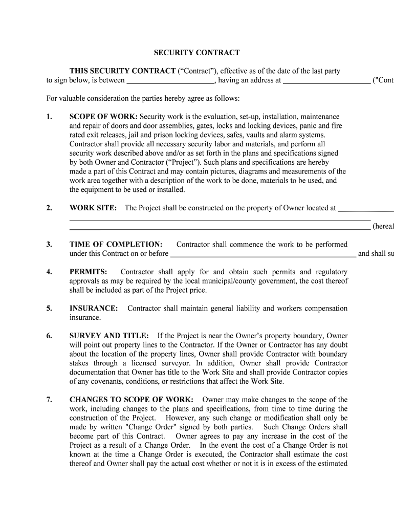 Security Company ContractsAgreement for Security Guard  Form