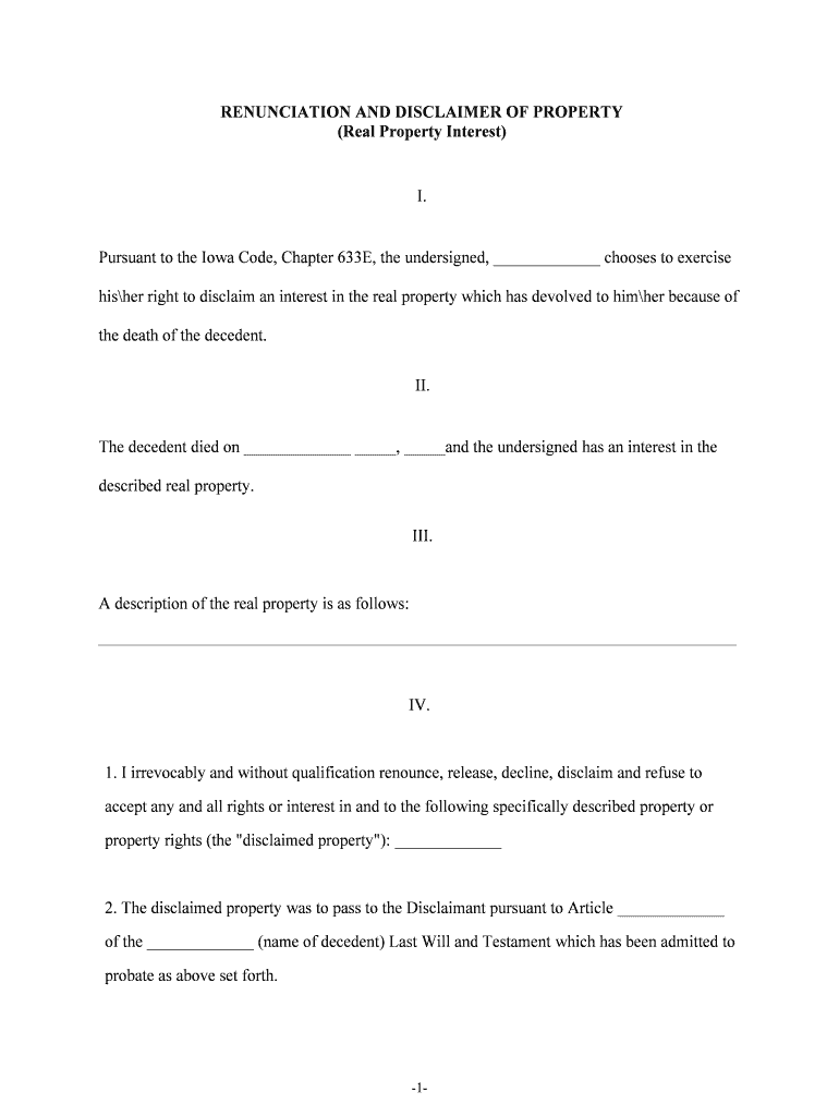 Fill and Sign the Iowa Disclaimer of Interest Forms Deedscom Real Estate 