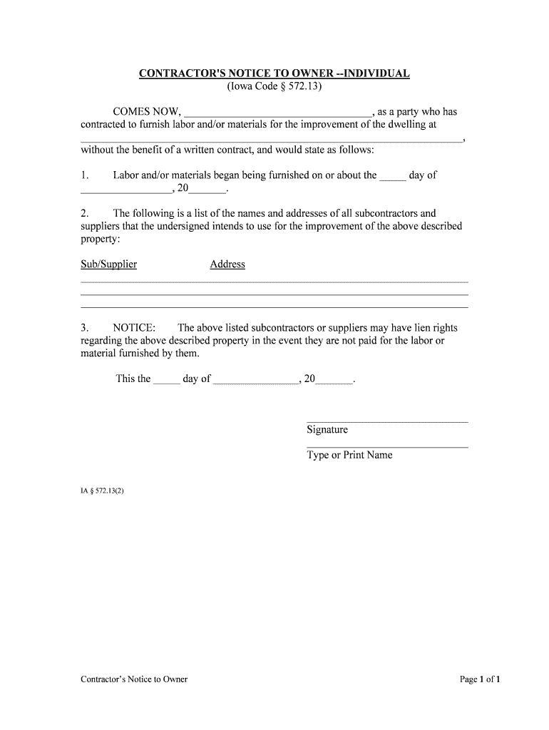 CONTRACTOR'S NOTICE to OWNER INDIVIDUAL  Form