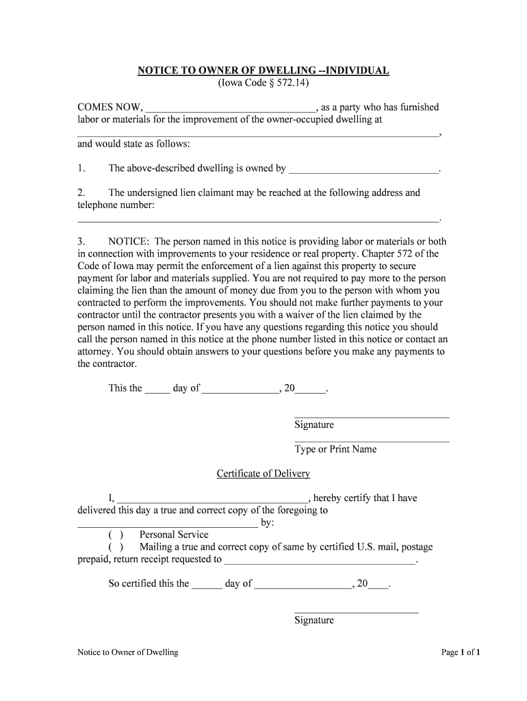 PRINCIPAL CONTRACTOR'S NOTICE to DWELLING OWNER of LIEN CLAIM INDIVIDUAL  Form