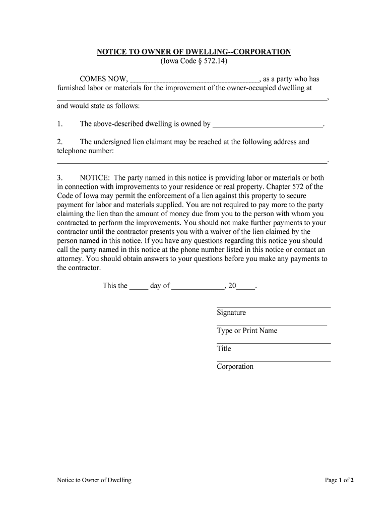 NOTICE to OWNER of DWELLING CORPORATION  Form