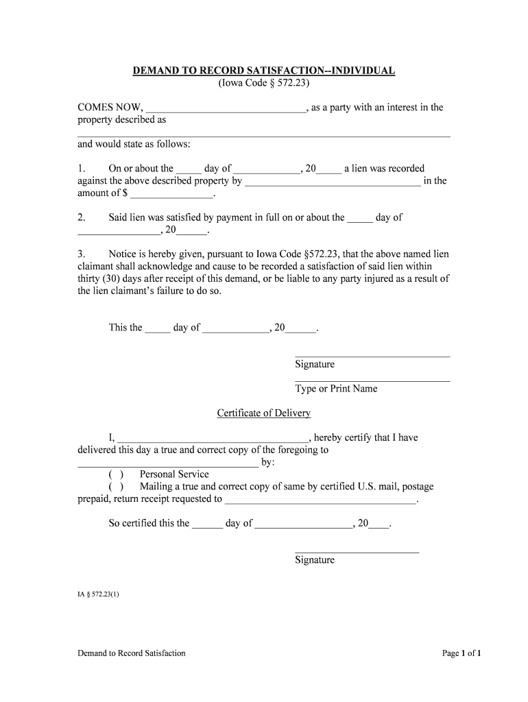 DEMAND to RECORD SATISFACTION INDIVIDUAL  Form