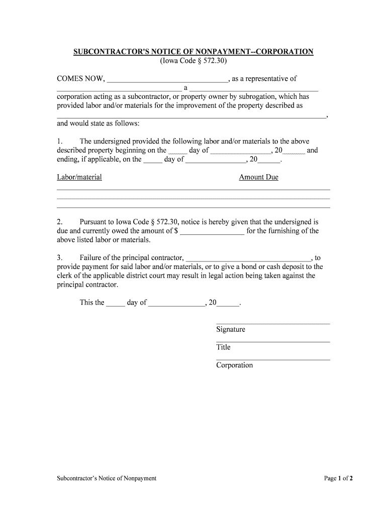 SUBCONTRACTOR'S NOTICE of NONPAYMENT INDIVIDUAL  Form