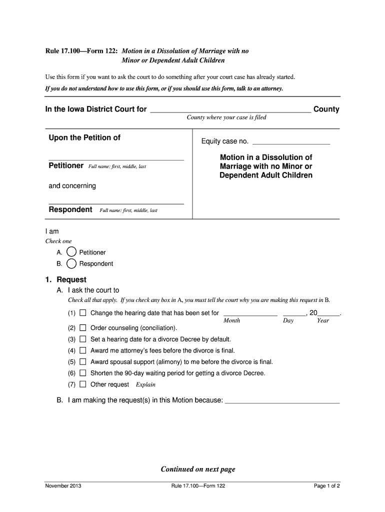 Get the 100Form 122 Motion in a Dissolution of Marriage with No