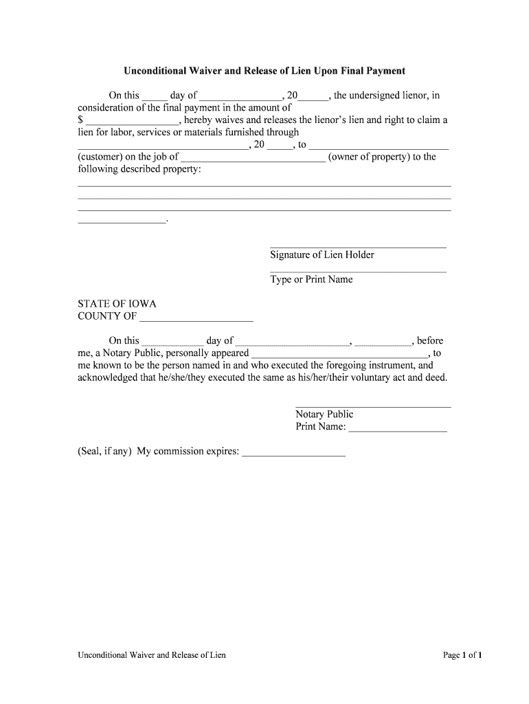 Unconditional Waiver and Release of Lien Upon Final Payment  Form