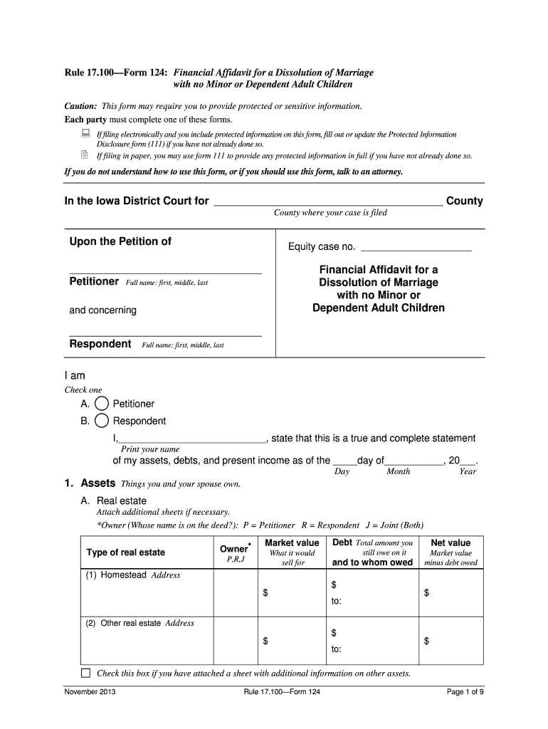 Financial Affidavit for Dissolution of Marriage No Minor  Form