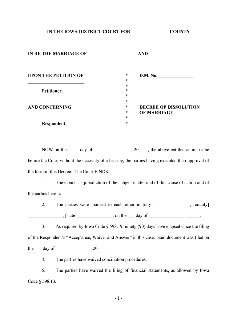 In the IOWA DISTRICT COURT for COUNTY in RE the MARRIAGE  Form