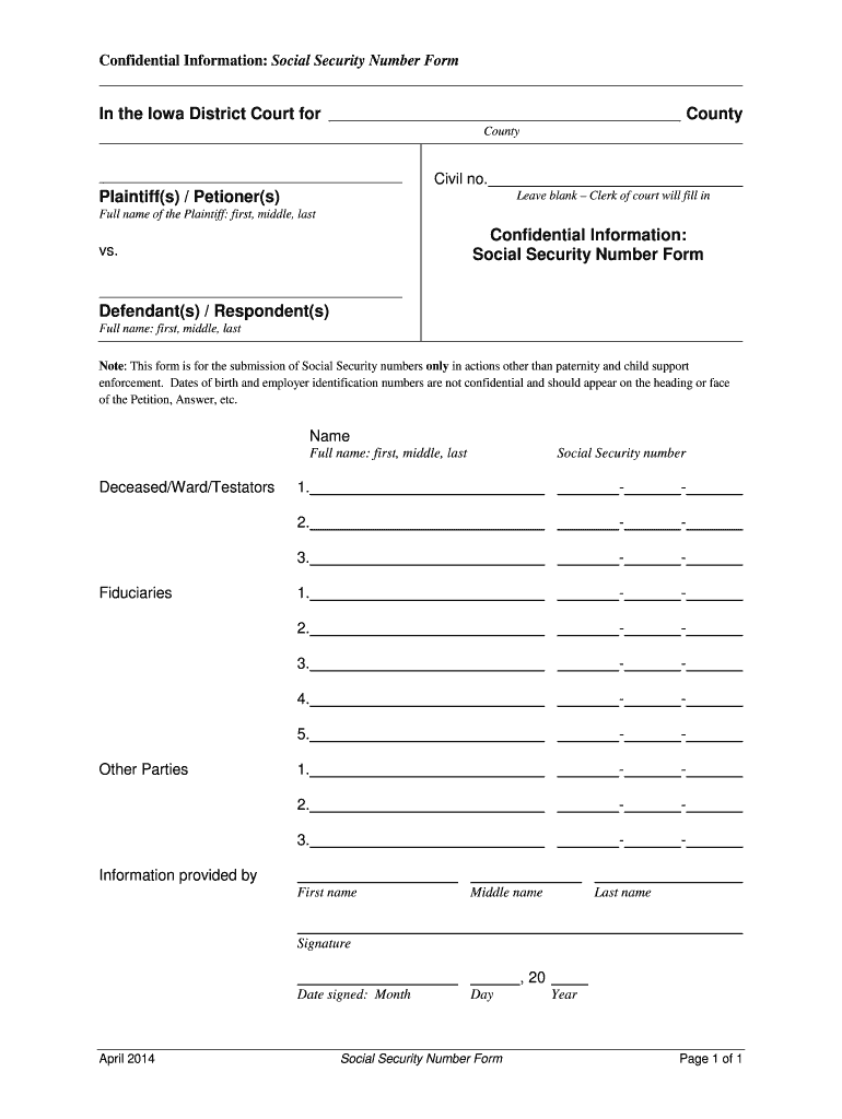 Confidential Information Social Security Number Form